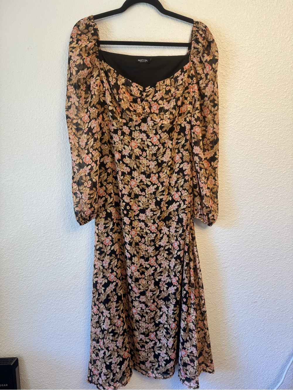 Nasty Gal Black Floral Midi Dress with Pink & Cream Blooms